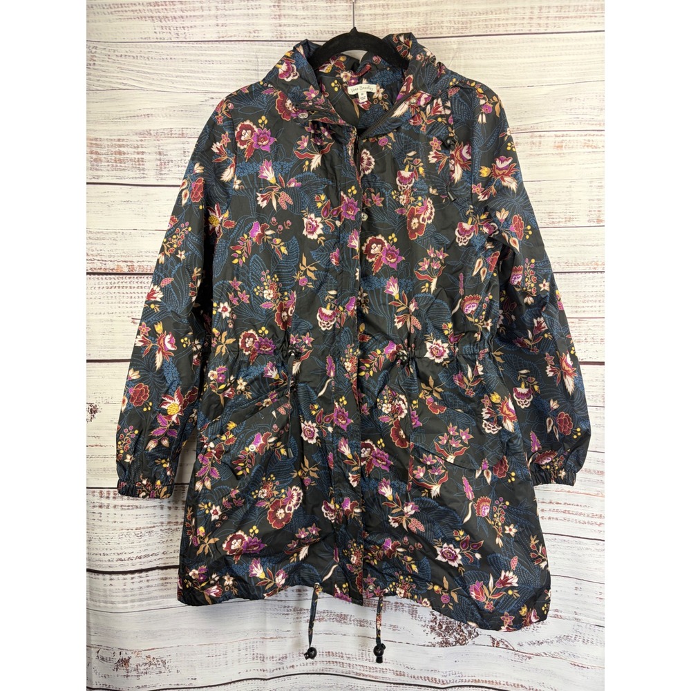 Vera Bradley Floral Packable Rain Jacket Hooded windbreaker Black Purple M